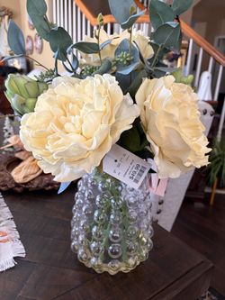 Faux Peony Arrangement in Hobnail Glass Vase new