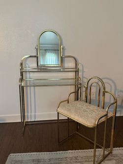 Vintage Hollywood Regency Brass & Glass Vanity Set w/ Mirror + Chair