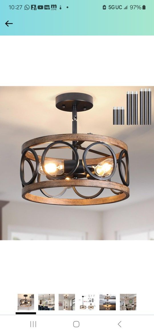 Galtlap Semi Flush Mount Ceiling Light, Farmhouse Drum Chandelier Ceiling Light, Rustic Flush Mount Lighting Fixture, 3-Light Caged Chandelier for Kit