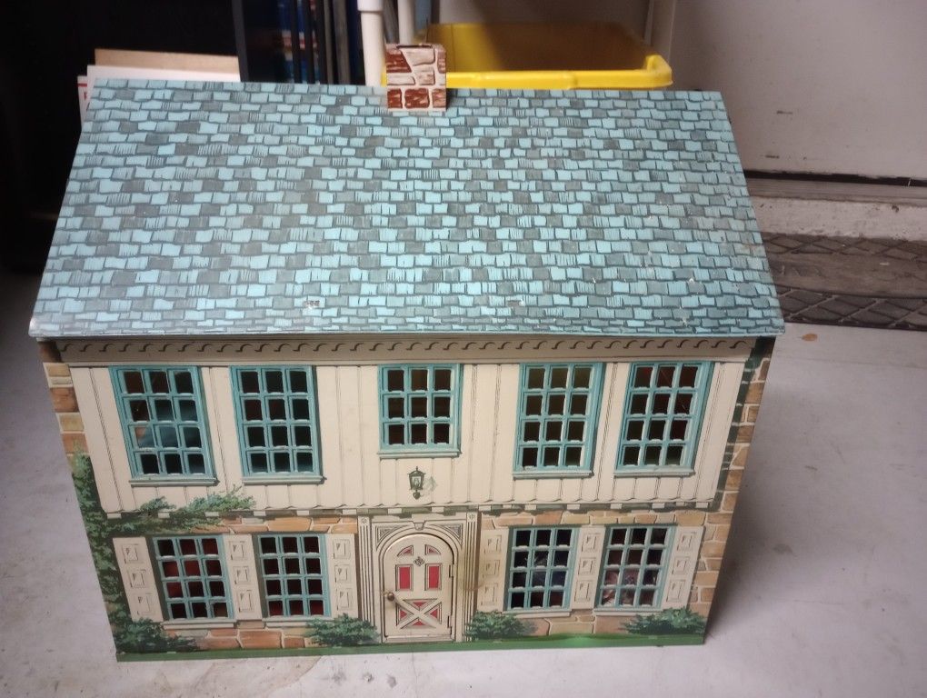 Vintage Louis Marx Tin Metal Litho Dollhouse With Furniture Accessories Babies Baby Children Kids Toy