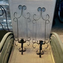 Vintage pair 19”T 7”W of black metal wall candle sconces with scrollwork design & pillar candle plates