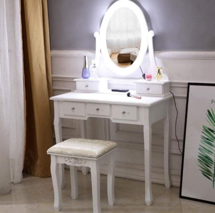 Vanity Table 10 LED Lights, 5 Drawers Makeup Dressing Desk with Cushioned Stool Set,Bedroom Vanities Set White