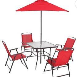 Mainstays Albany Lane Steel 6-Piece Outdoor Patio Dining Set with Umbrella, Red