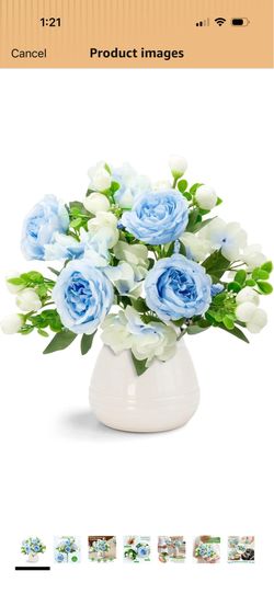 2 Packs Peonies Artificial Flowers,Silk Fake Peonies Faux Peonies Bouquet for Centerpiece Table Wedding Party Home Decor (2, White Blue, Large)