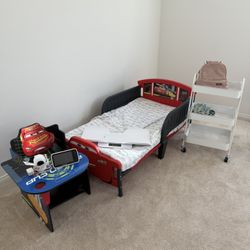Toddler Bedroom Bundle – Cars Bed, Mattress, Desk, Cart, Monitor & More – $120 (Bundle Deal!)