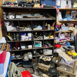 Coolers, 5 Gallon Red Bucket Lids, All Kinds Of Hoses, Vintage Saws, Men’s Clothing Sizes S-XXL etc.