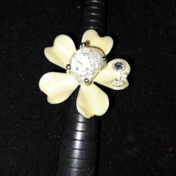 Oversized Yellow Enameled Flower Crystalized Center Stone Rhinestone Accents Silver Base