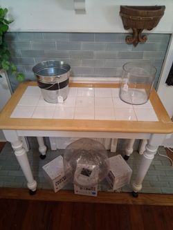 White Wood Table with Tile Top With Wheels