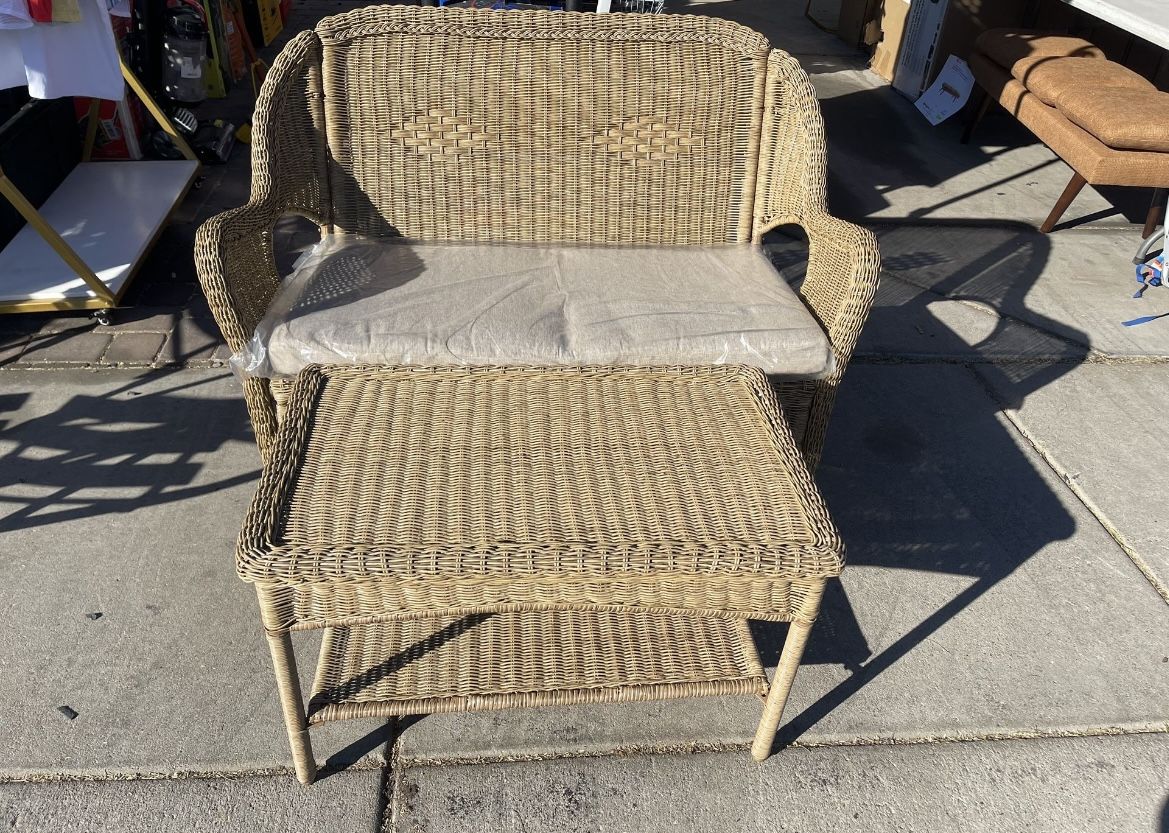 Rosemont Light Brown Steel Wicker Stackable Outdoor Patio Loveseat with Putty Tan Cushion with console table