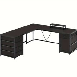 63in Black L Shaped Gaming Desk, Computer Desk With 5 Drawer & Power Outlet
