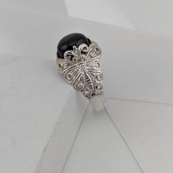 🤍🖤💍Sterling Silver Custom Butterfly Ring w/ Large Onyx Stone Size 8