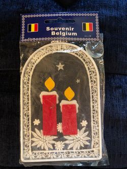 NEW IN PACKAGE- 6 1/2” Tall CHRISTMAS Lace Candle Souvenir From Belgium Suctions To Glass