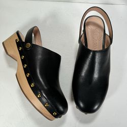 J. Crew Convertible Black Leather Studded Wood Clogs Women’s Size 7