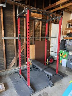 Weight Rack, Barbell, Weights, and Bench