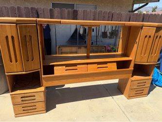 Oak headboard with storage and mirrors-queen