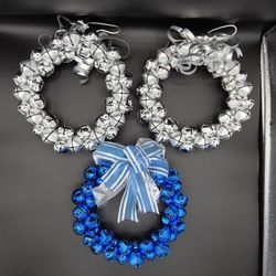 Set Of 3 Jingle Bell Wreaths - 2 Silver/1 Blue - 9" Across