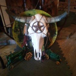 Vintage Bull Skull Adorned With Southwestern Decorations Feathers Stars