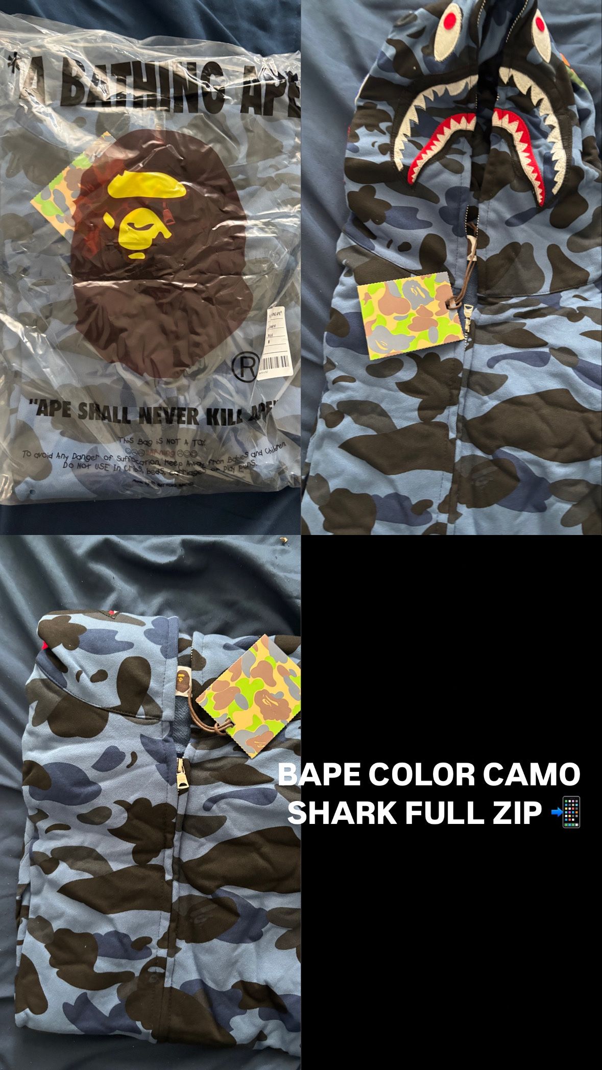 blue bape shark fully zipped hoodie