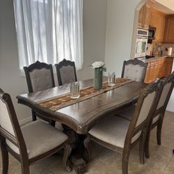 9 Pc Grand Formal Carved Dining Set + 2 Leaves, & Upholstered Chairs Patina Surface