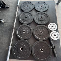 Rogue bumper plates with boneyard barbell