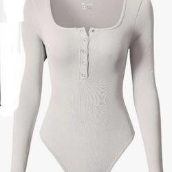 Grey Scoop Neck Bodysuit Shirt for Women Button Down M.   (H)