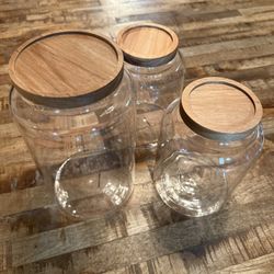 Set Of 3 - Glass Canisters With Wood Lids - Air Tight 
