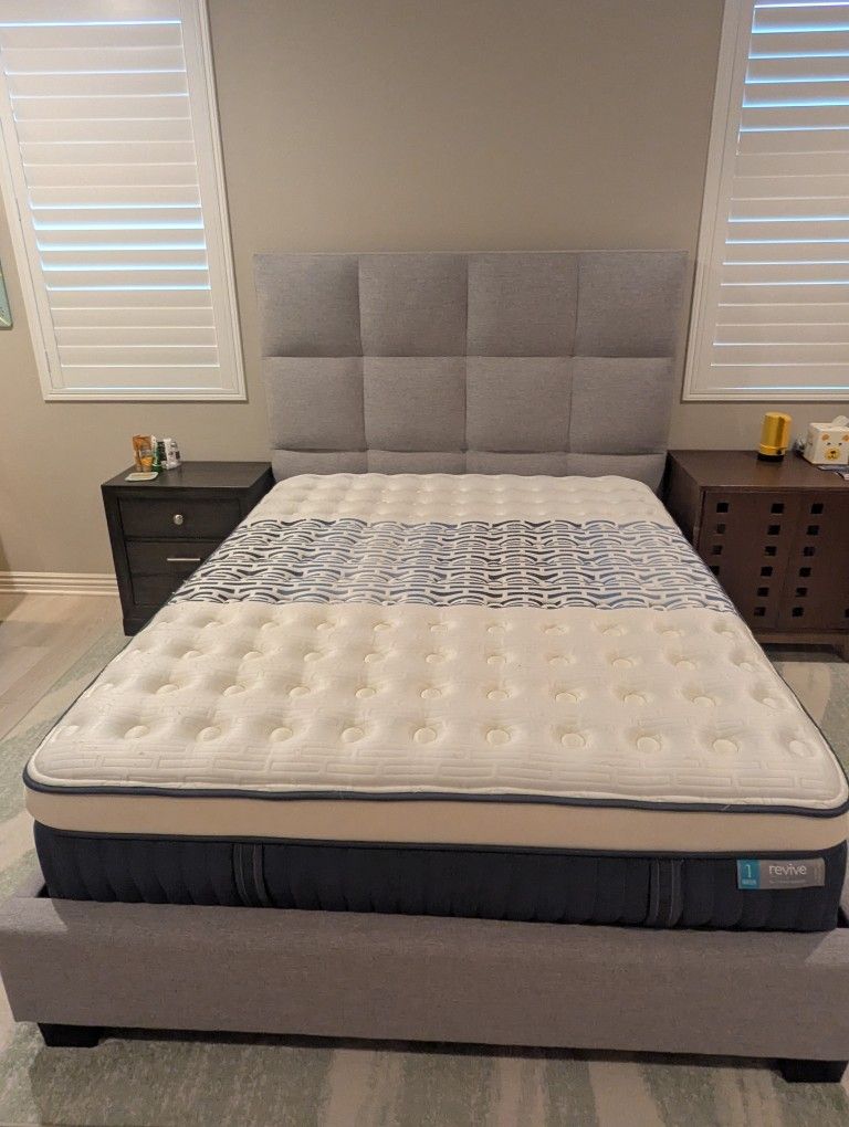 Used Living Spaces Boswell Upholstery Queen Bed + Revive 1 15.5"Firm Queen Mattress