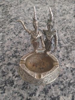 Vintage hand made ornate bronze ashtray with dancing Hindu deities figurines