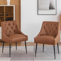 Dining Chairs Set of 2,  Faux Leather with Back Pull Rod. Light Brown