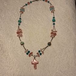 Handcrafted Watermelon Agate Cross Beaded Necklace - 20.5”