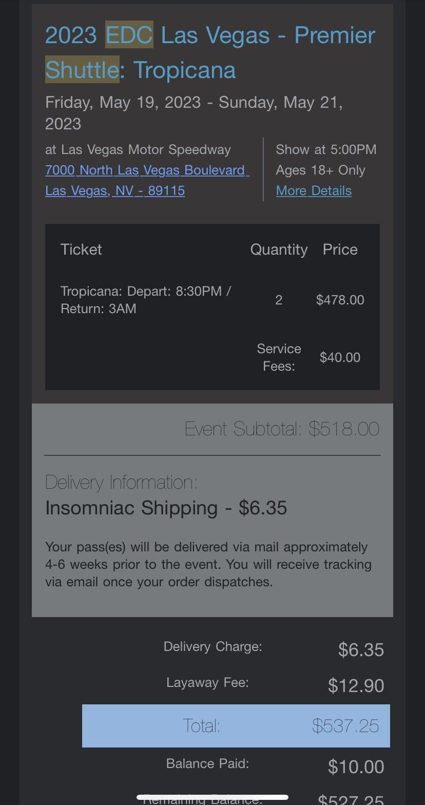 2 EDC Las Vegas 2023 Premier Shuttle Passes