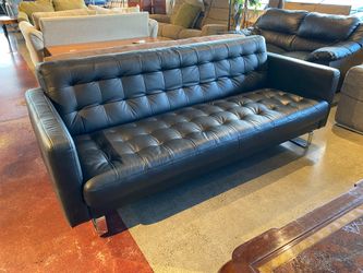 80″ Black Leather Tufted Couch with Chrome Legs