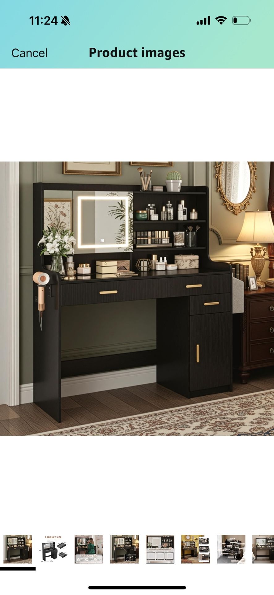Vanity with Mirror and Adjustable LED Light Wooden Black and Gold Vanity with Glass Tabletop, Power Outlet, Storage Bag, 3 Drawers and 6 Storage Shelv