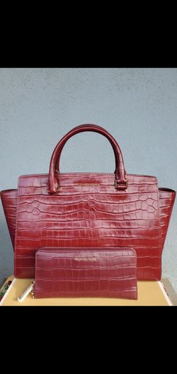 Michael Kors Large Burgandy Croco Embossed Satchel And Large Wallet