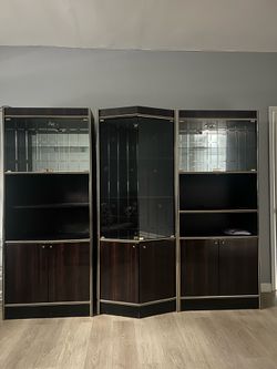 Postmodern 3-Piece Brown/Black Lacquer & Brass Modular Wall Unit / Lighted Curio Cabinet Set