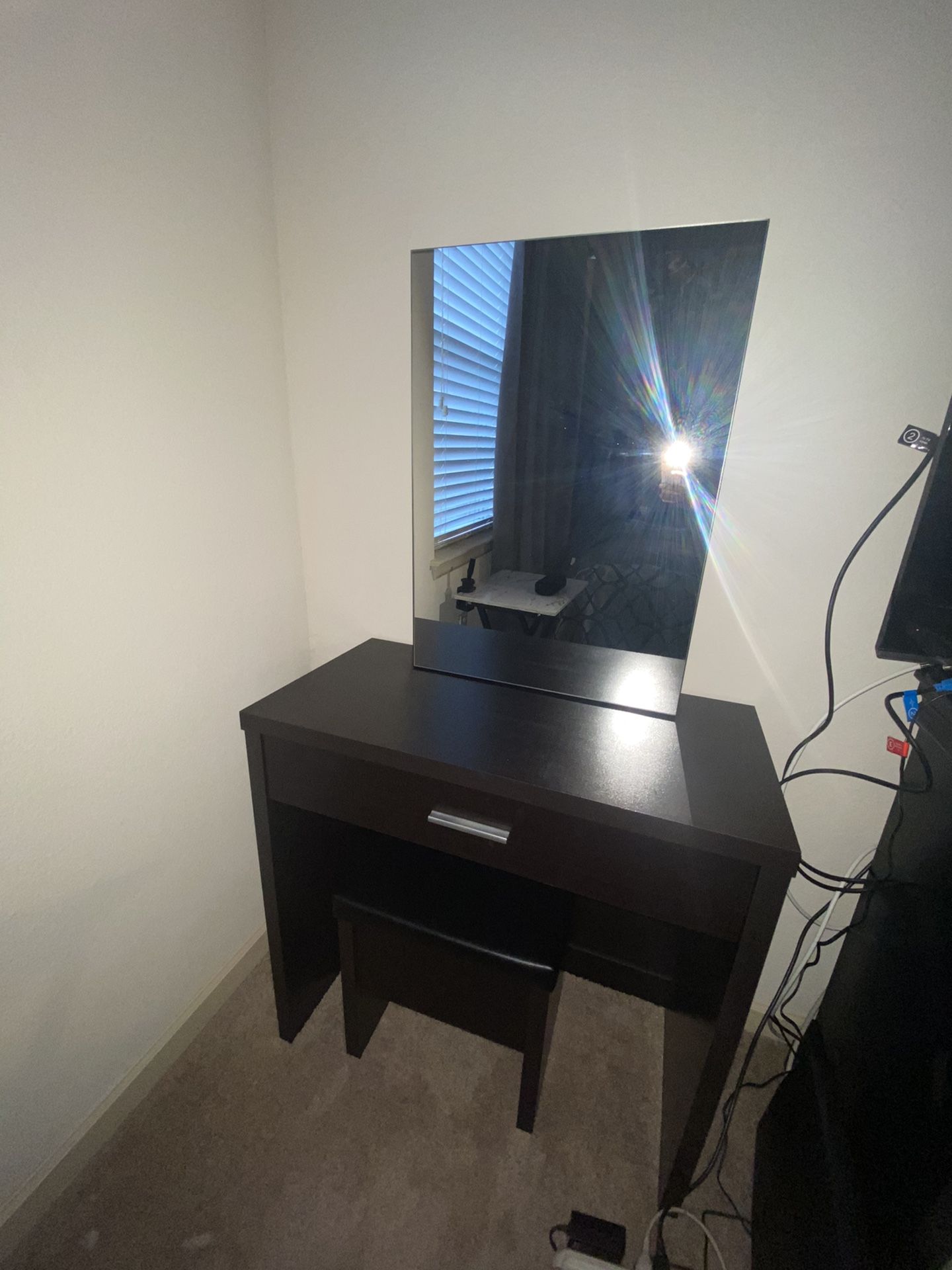 Makeup and Jewelry Vanity with Hidden storage behind mirror and under seat-Dark Br