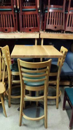 New solid red oak 30x30 tall pub table w 3 used blonde wood ladder back green padded seat bar chairs