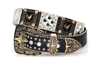 West Star Texas Western Belt Rhinestone Longhorn Cowboy Rooster Star Gold Black for Pants 28 30 32 34 36 38 