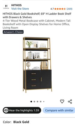 HITHOS 69" Modern Ladder Bookshelf with 3 Drawers & Cabinet – Black & Gold (New in Box)