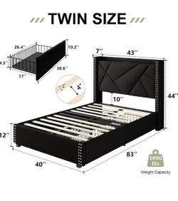 Upholstered Storage Bed Frame Twin Size with 4 Drawers, Platform Bed with Charging Station & Wingback Headboard, Solid Wood Slats Support, Black