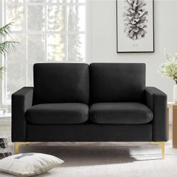 Velvet Loveseat with Gold Metal Legs & Square Armrest Small Couch Sofa for Limited Space, Modern 2- Seat Sofa for Apartment (Black)