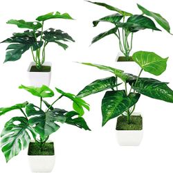 4 Pack Fake Plants for Bedroom Aesthetic Artificial Mini Greenery Potted Plant Faux Tropical Monstera Deliciosa and Scindapsus Leaves in Small Plastic