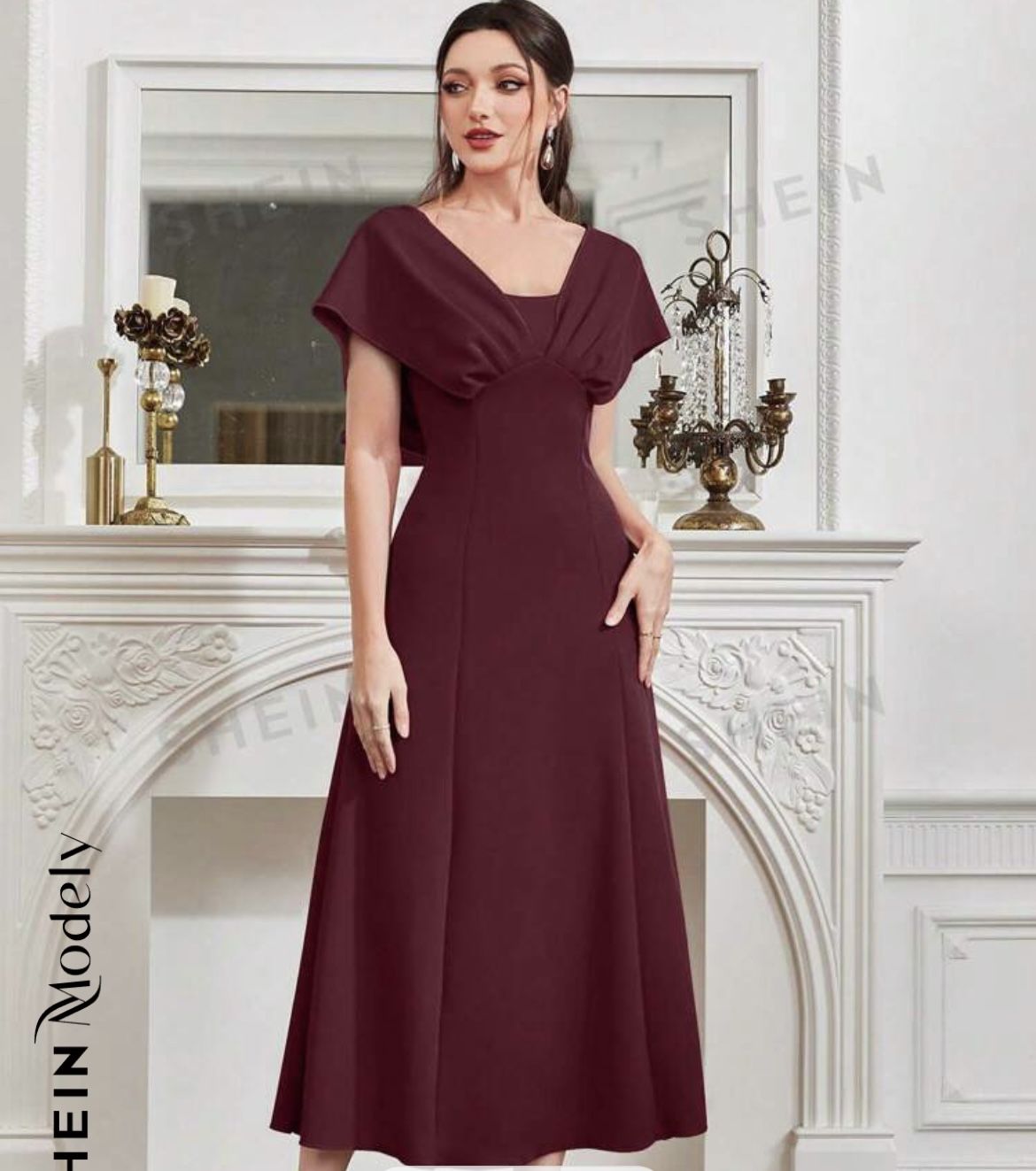 SHEIN Modely Summer V-Neck Solid Color Gorgeous Party Dress Burgundy