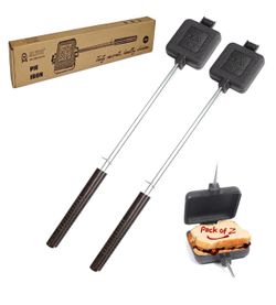 2 Pcs HAWOK Cast Iron Square Pie Iron with Stainless Steel and Wooden Handle