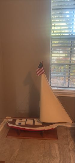 Large Wooden Sailboat Model with Stand – Red & White Nautical Décor