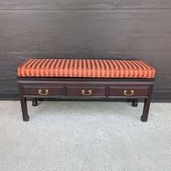 Vintage Chinoiserie Style Wooden Storage Bench with Striped Cushion
