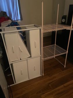 Pink metal shelf / White dresser