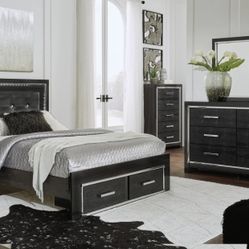 [SPECIAL] Kaydell Black LED Footboard Storage Platform Bedroom Set

