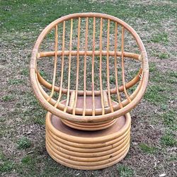 Vintage Mid Century Modernist BoHo Chic Cane Rattan Bamboo Tilt Swivel Platform Hoop Accent Arm Chair