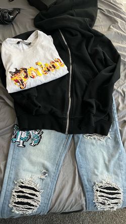 Palm Angels Tee, Zip Hoodie & Ripped Jeans Bundle
